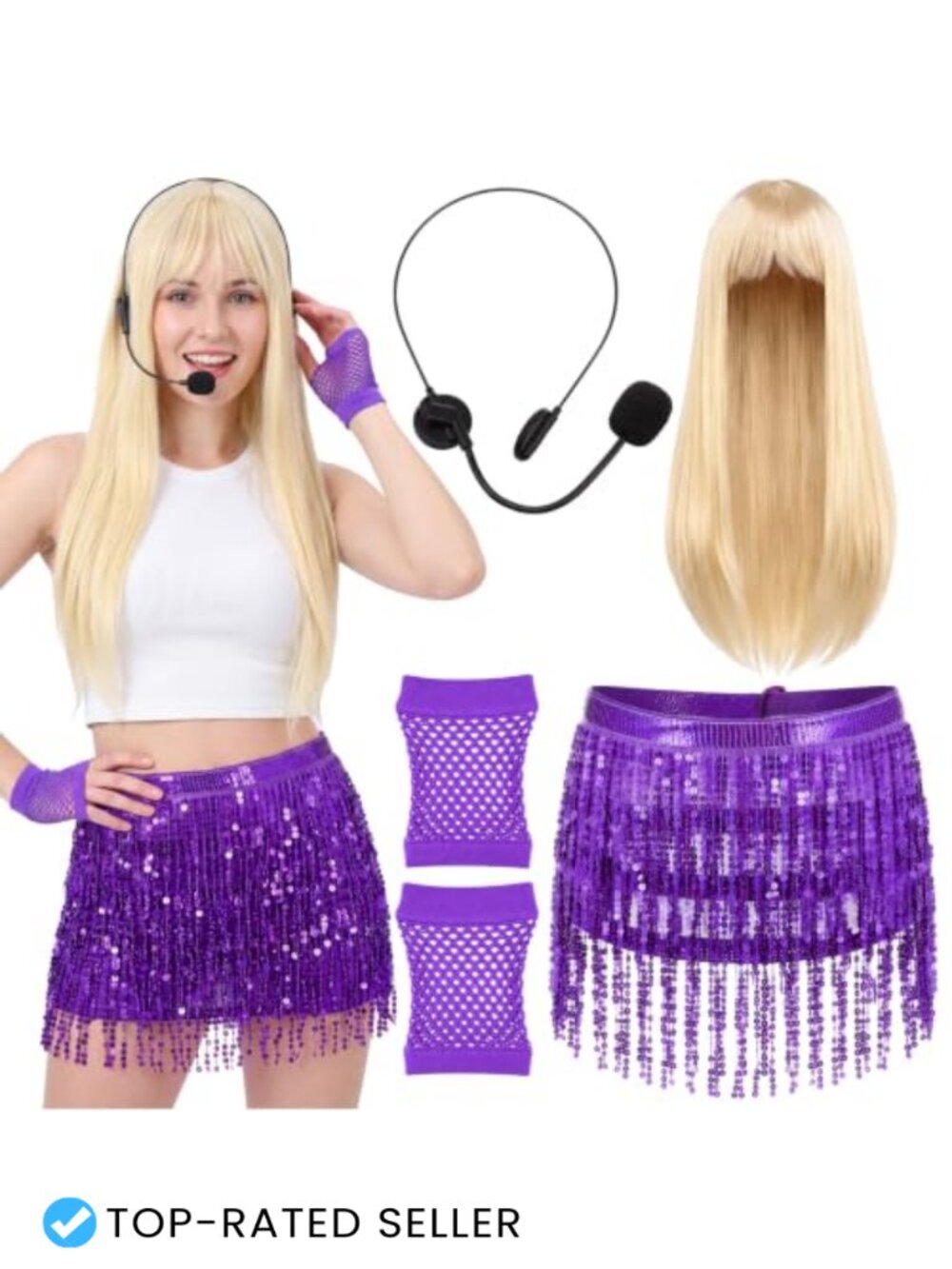 4 Pc Pop Star Costume Set Blonde Wig Sequin Skirt Fishnet Gloves Mic Prop